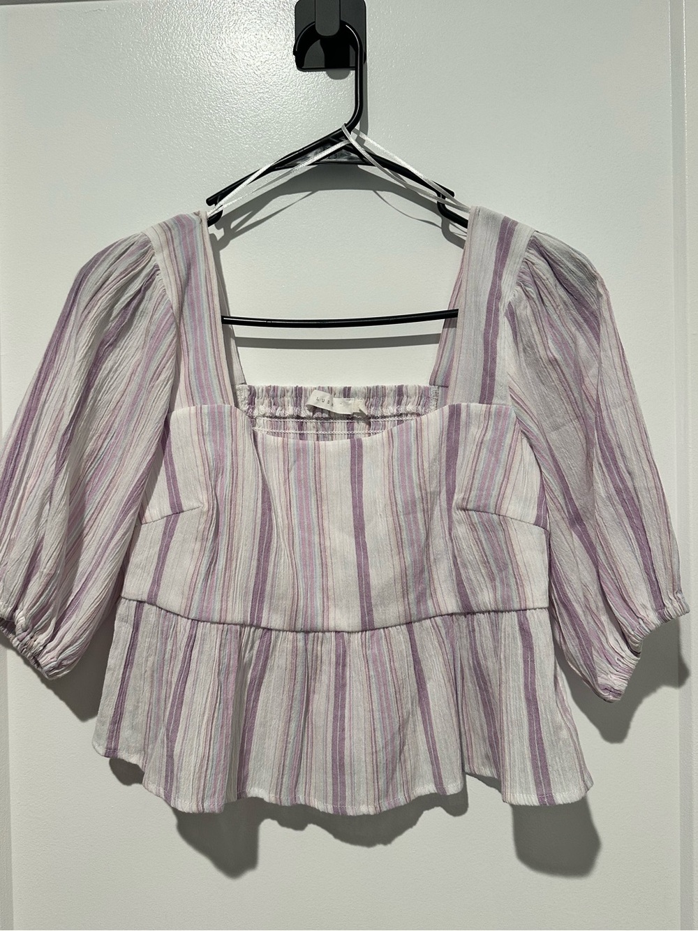 Lush Lavender and White Striped Peplum Square-Neck Blouse